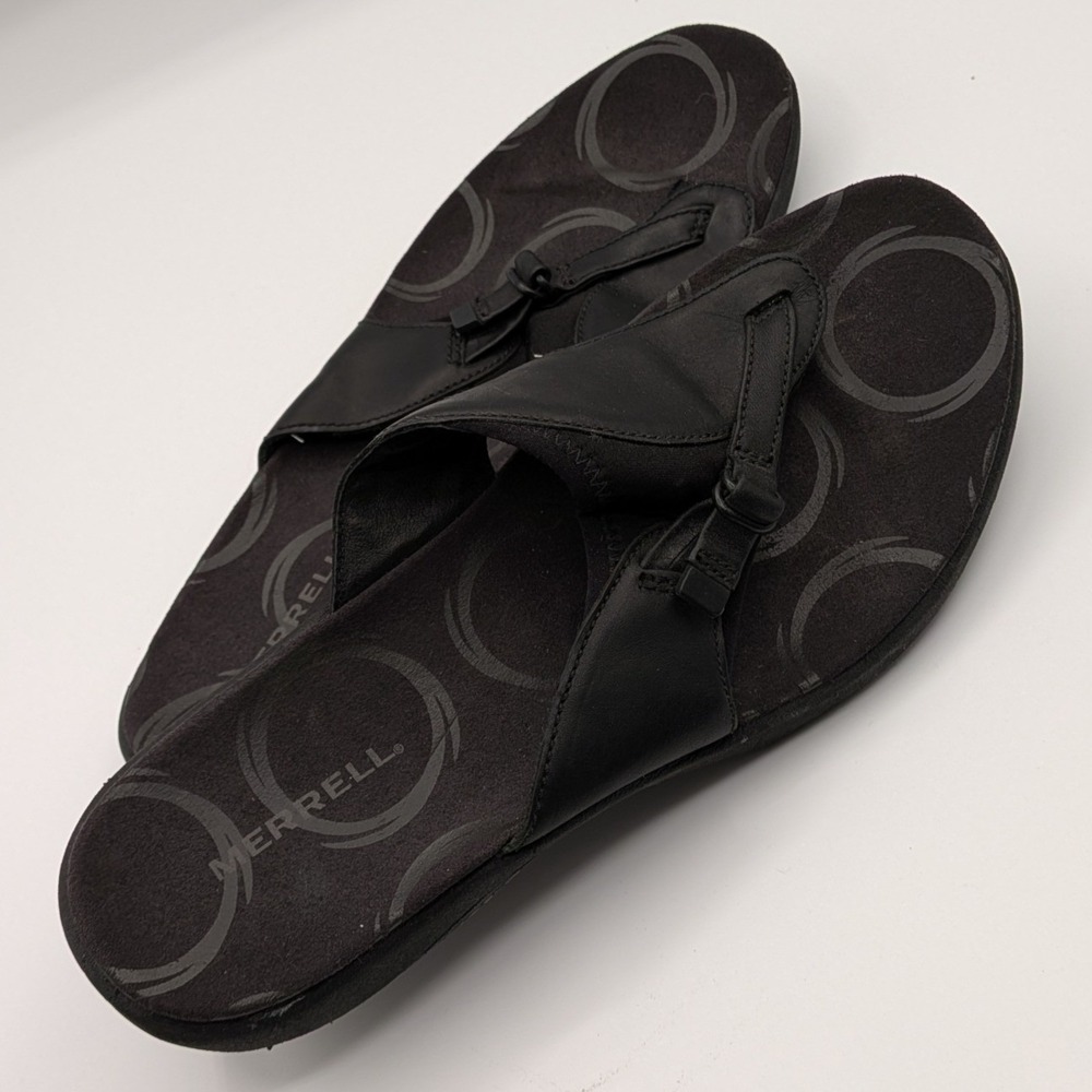 Merrell Gardena Thong $90 Size 9 Black Leather Sandals Performance Flip Flops